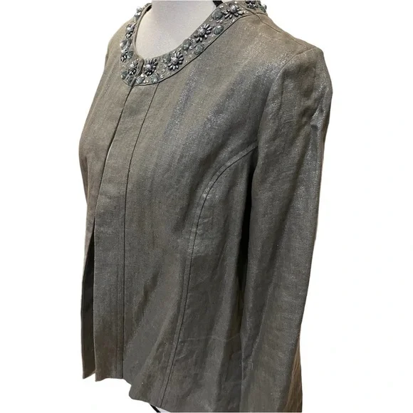 Chico’s 100% Linen Taupe Metallic Open Front Jacket Jeweled Neckline Sz S - Picture 2 of 11